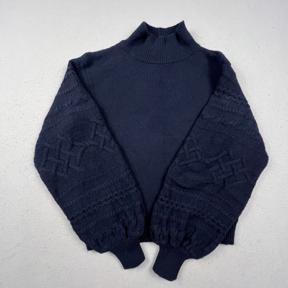 Joie Mock Neck Sweater Womens Medium Navy Wool Yak Cable Puff Sleeve Knit Top